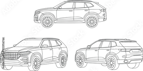 Modern crossover SUV outline in multiple views detailed car blueprint vector illustration automotive design template concept