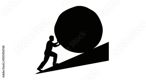 Man pushing large heavy black ball.
