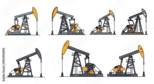 Set of oil pump jacks in different poses isolated on white background.