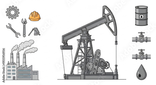 Oil pump jack and industrial equipment illustration.