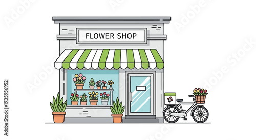 A charming flower shop storefront with vibrant plants a bicycle and a distinctive flat silhouette high quality professional detailed modern elegant