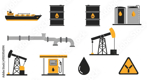 Oil industry equipment and resources collection flat design.