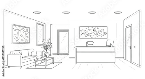 A detailed line drawing showcases a modern office reception area with furniture and artwork presented as a silhouette high quality professional