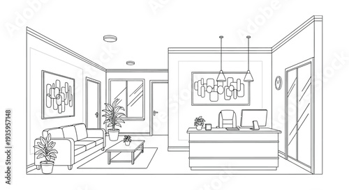 A minimalist interior scene depicts a living room and office space with clean lines a striking silhouette high quality professional detailed