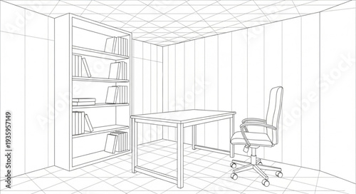Interior design sketch of an office room with furniture.