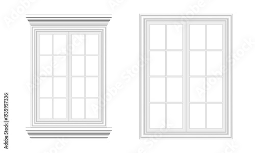 White realistic wooden window and door frame with glass pane, moulding baseboard and muntin isolated on transparent background for decorative house architecture molding trim design PNG