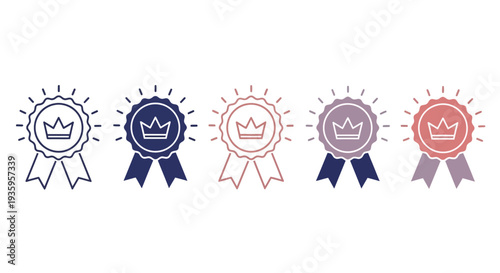 Set of premium quality award ribbon vector icons with elegant crown symbols, perfect for celebrating success, achievement, and recognition in various digital and print designs