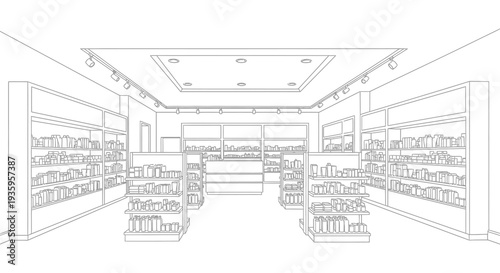 An architectural sketch depicts the interior of a bookstore with filled shelves and a distinct silhouette high quality professional detailed modern