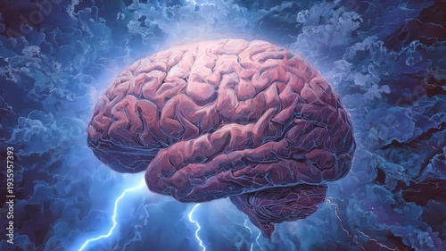 Brain illuminated by electric energy pulses, surrounded by swirling clouds and lightning, showcasing intricate details of neural pathways and textures in a vibrant blue atmosphere