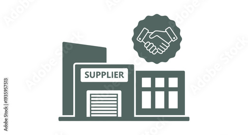 Warehouse with Supplier Sign and Handshake Icon.