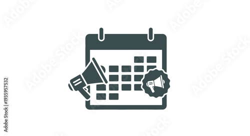 Calendar Icon with Megaphone and Pencil.
