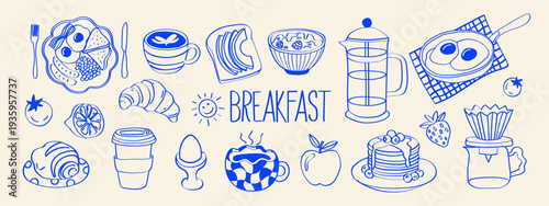 Hand drawn breakfast doodle vector set with food and coffee icons. Chalk and crayon style minimalist line art illustrations for menus, invitations and party design. La dolce vita.