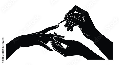 A black silhouette depicts hands receiving a manicure with one hand applying polish to another showcasing nail care silhouette high quality