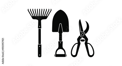 A collection of gardening tools including a rake shovel and pruning shears presented in a striking silhouette high quality professional detailed