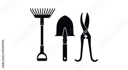 A collection of garden tools including a rake shovel and pruning shears presented as a striking silhouette high quality professional detailed