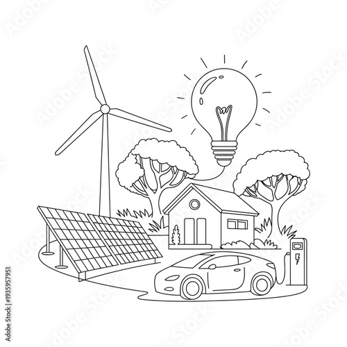 Concept illustration of sustainable renewable energy sources powering a modern house and electric car