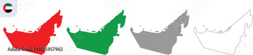 United Arab Emirates Map Vector Illustration with Red Green and Gray Color Variations, UAE Country Map Outline Isolated on Transparent Background, Editable AI EPS10 JPG PNG Geography Design.