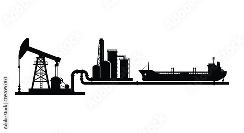 An industrial landscape featuring oil rigs a refinery and a cargo ship all rendered as a striking silhouette high quality professional