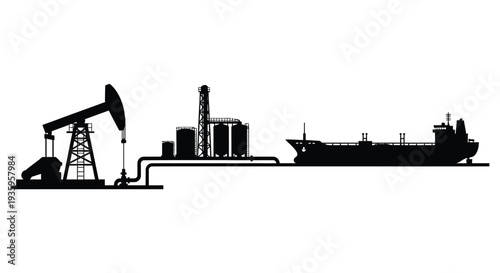 An industrial landscape featuring oil pumps storage tanks a ship and pipelines in a striking silhouette high quality professional detailed modern