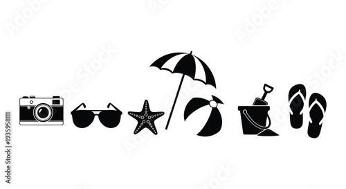 A collection of summer vacation icons including a camera sunglasses and beach accessories in silhouette high quality professional detailed modern elegant