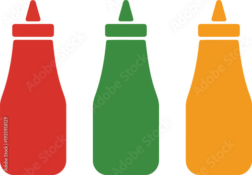 Three iconic condiment bottles in red, green, and yellow colors lined up together. Vector