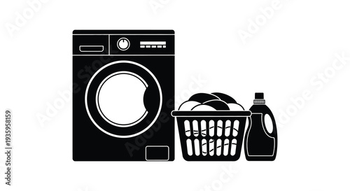 A stark black and white graphic depicts a washing machine laundry basket and detergent bottle a domestic scene silhouette high quality professional detailed