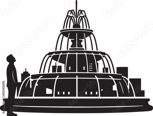 Fountain and City Skyline Silhouette