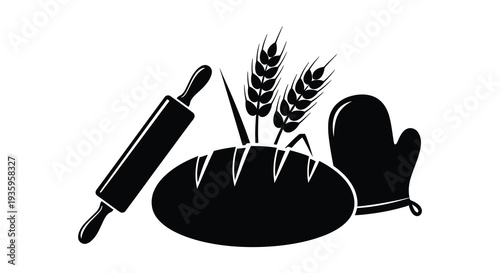 A black silhouette depicts baking tools including wheat a rolling pin and a loaf evoking rustic charm silhouette high quality professional