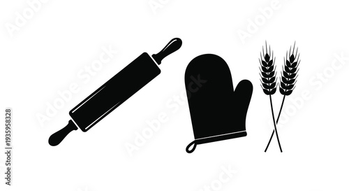A collection of baking tools including a rolling pin oven mitt and wheat stalks presented as a silhouette high quality professional