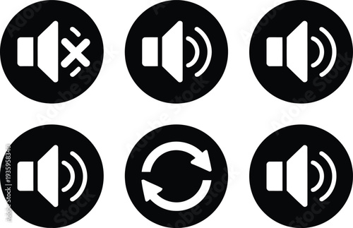 Set of icons representing various audio control functions on a black background Vector