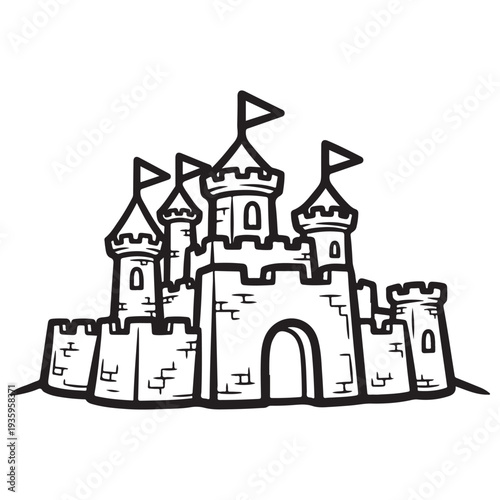 Medieval fairytale castle illustration standing tall with multiple towers and flags, isolated on white background for coloring book activities, clean black and white line art style.
