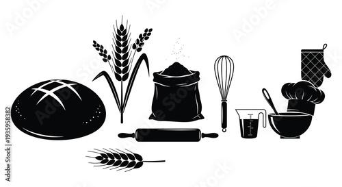 A black and white collection of baking ingredients and tools presented in a striking silhouette high quality professional detailed modern elegant