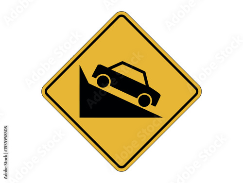 A yellow road sign warning of a steep slope ahead with a car losing traction.
