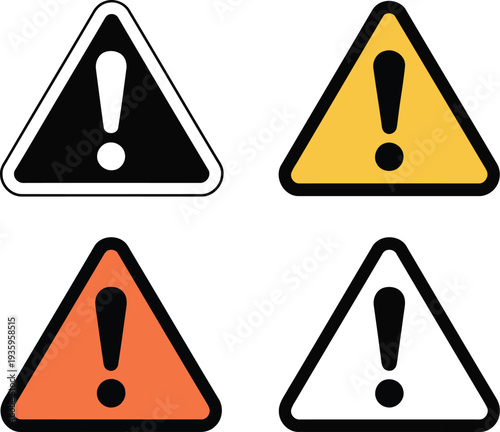 Four triangular warning signs with exclamation marks in different colors Vector