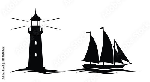 A striking black and white illustration depicts a lighthouse and sailboat against a wavy horizon a bold silhouette high quality professional