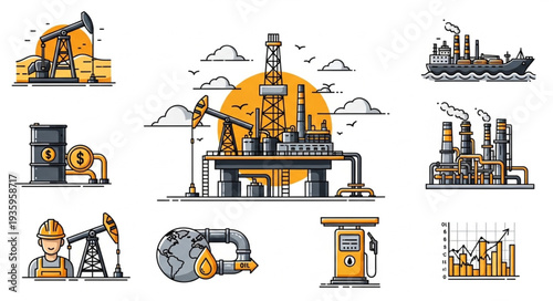 Oil industry and energy production illustrations set.