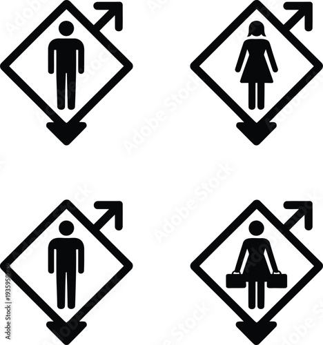 Accessibility symbols indicating gender-neutral and gender-specific restroom directions with stairs Vector