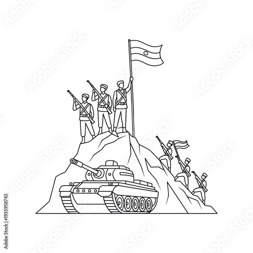 Line art illustration of soldiers ascending a mountain with a tank and flag symbolizing victory and patriotism