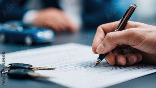 Man signing car insurance document or lease paper. Writing signature on contract or agreement. Buying or selling new or used vehicles. Car keys on table. Warranty or guarantee. Customer or salesman. M