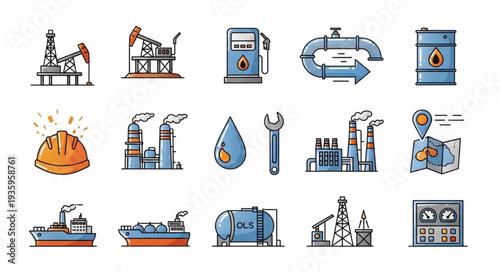 Oil and Gas Industry Icons Set Vector Illustration.
