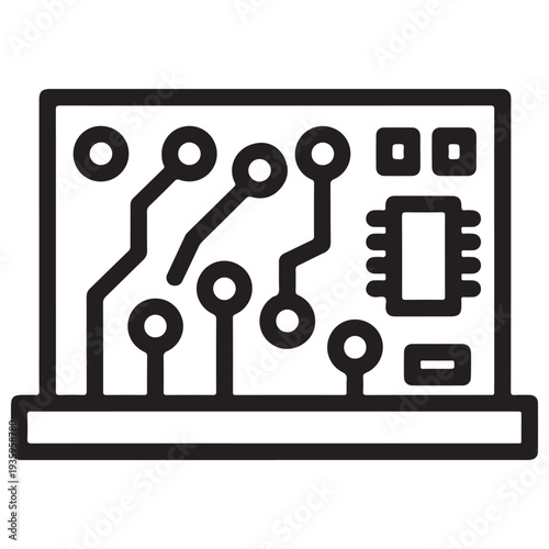 Circuit board line icon representing computer hardware and electronic engineering for technology design, software development, and digital infrastructure in a minimalist outline style.