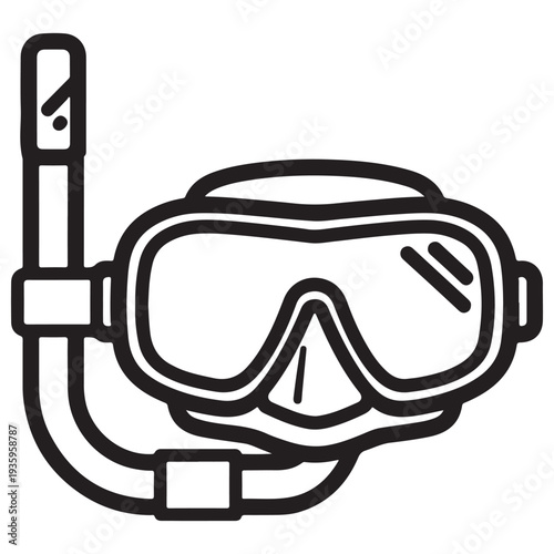 Minimalist black line art icon of a professional diving mask and snorkel tube isolated on a white background, representing underwater exploration, summer water sports, and scuba gear for travel.