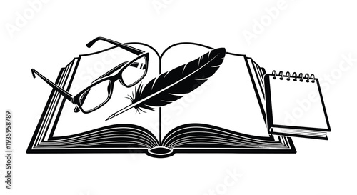 An open book with glasses a feather and a notepad depicted in a striking black silhouette high quality professional detailed modern
