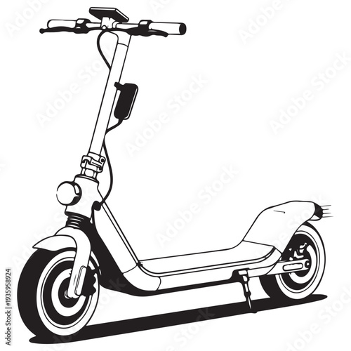 Modern electric scooter illustration standing on kickstand for urban commuting and eco-friendly transportation, minimalist black and white line art vector design with high contrast style.
