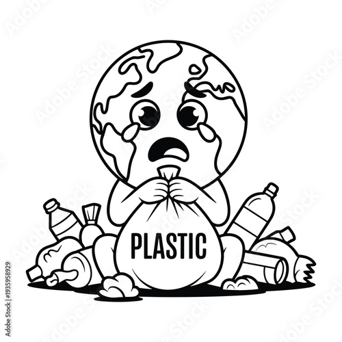 Sad cartoon planet earth character crying surrounded by plastic waste and bottles illustrating environmental pollution