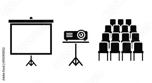 A minimalist graphic depicts a presentation setup with a screen projector and seating arrangement silhouette high quality professional detailed modern elegant