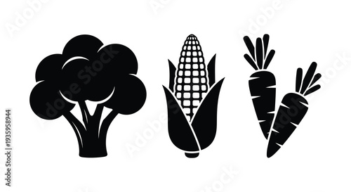 A graphic depiction of broccoli corn and carrots presented as bold flat designs a striking silhouette high quality professional detailed modern