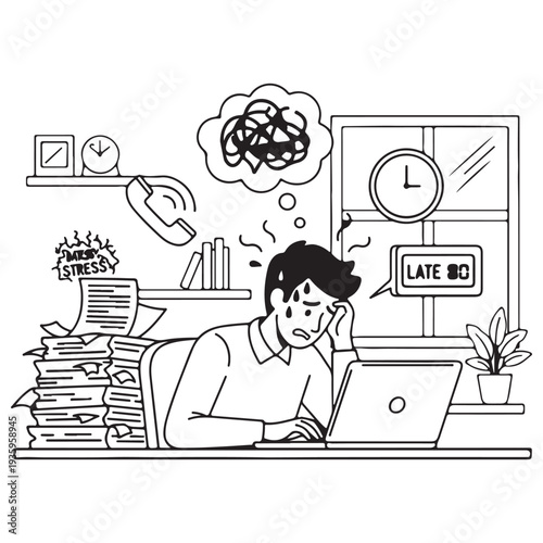 Stressed businessman overwhelmed by heavy workload and tight deadlines at a cluttered office desk, minimalist black and white line art illustration depicting professional burnout and anxiety.