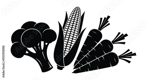 A striking black and white illustration showcasing various garden vegetables in a bold silhouette high quality professional detailed modern elegant stylish