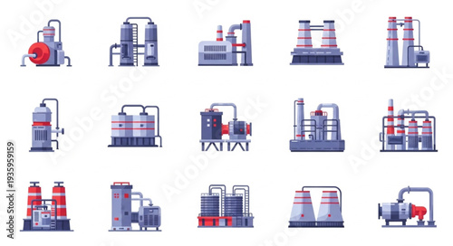 Industrial factory and plant icons set vector illustration.